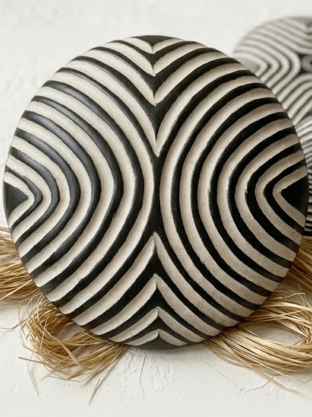 African Carved Wood Shield Black White Wall Decor 13.25” X 13.5”